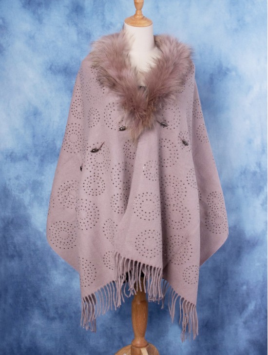 Wool Cape W/ Faux Fur and Rhinestones